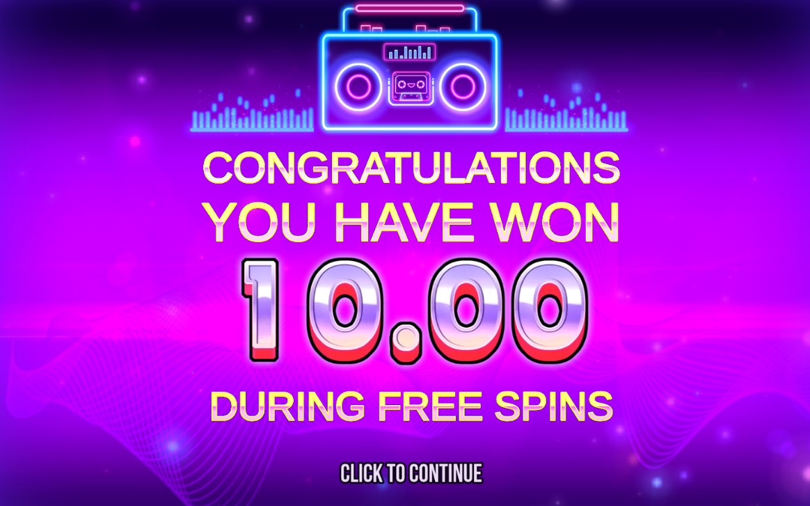 Win screen after a Cluster Pays win of cassette symbols
