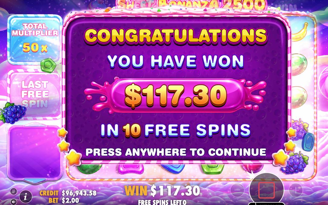 Win screen after a tumble sequence ends